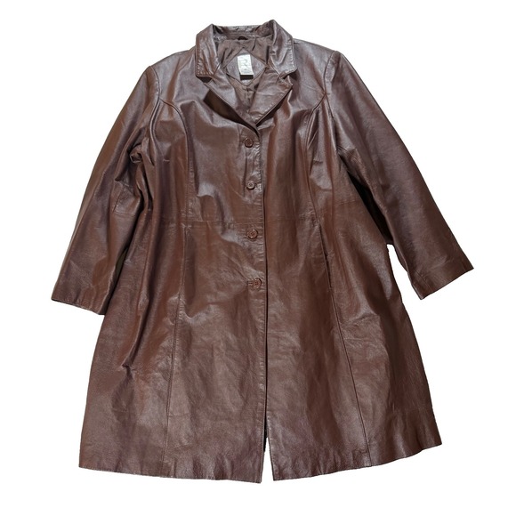 Roaman's Jackets & Blazers - Vintage Roaman's Leather Midi Coat Women's Size B4 (2X) Brown Button Y2K Goth